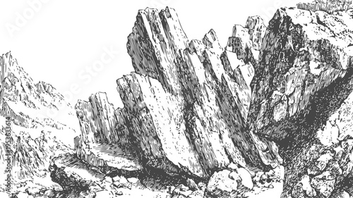 Black and white vintage mountain illustration with sharp rocky cliffs and rough terrain landscape