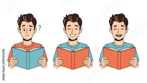 Three step progression of a young man reading a book and reacting with confusion, a smile, and loud laughter.