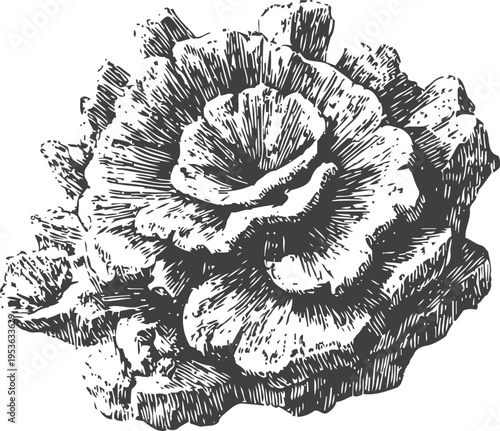 Detailed black and white hand drawn coral reef illustration, marine life underwater nature element