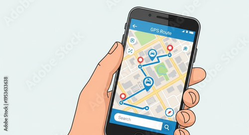 Hand Holding Smartphone Displaying Navigation App with Route.
