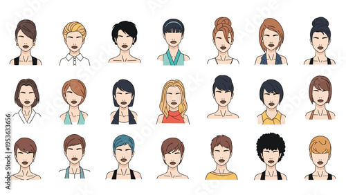 Detailed grid of diverse female faces with various skin tones, eye shapes, lip colors, and creative hairstyles.