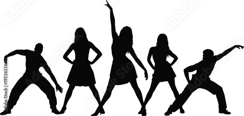 Silhouette of young people dancing in a group at a party or disco with energetic poses isolated on white background