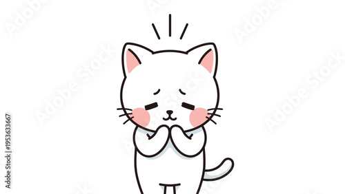 Sad white cat with paws together and a worried expression against a plain white background in a cute cartoon style.