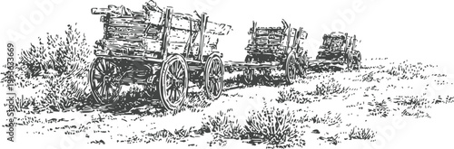 Old wooden wagons in a rustic countryside setting with dry grass and bushes in vintage ink drawing