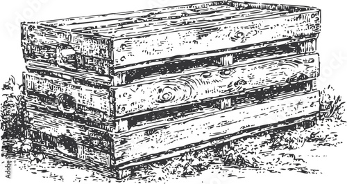 Two wooden crates stacked on grass with textured vintage lines and natural details