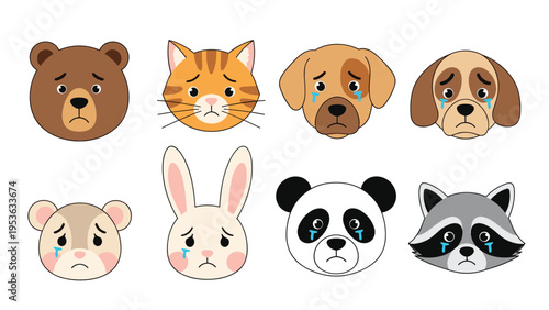 Collection of eight sad animal faces with crying eyes and teardrops including a bear, cat, dog, rabbit, and panda.