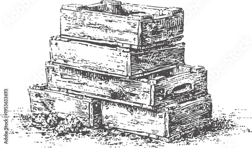 Stack of wooden crates with rustic texture and vintage style, detailed hand drawn illustration