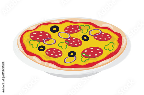Pepperoni pizza illustration with pizza on a plate