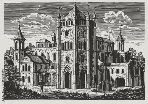 Medieval castle engraving with high towers and arched gates in historic landscape scene