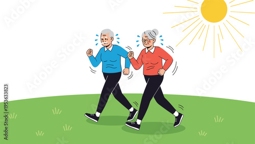 Elderly man and woman jogging together outdoors under a bright yellow sun for health and fitness during their active retirement.