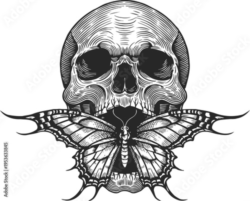 Intricate black and white skull with detailed butterfly on the mouth, gothic illustration