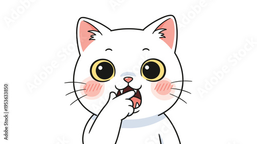Surprised white cat with wide yellow eyes and rosy cheeks putting a paw to its mouth in shock or amazement in a cute illustration.