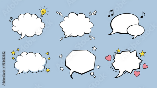 Set of decorative speech bubbles with various icons like lightbulbs music notes stars and hearts for creative and fun graphic design.
