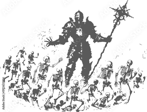 Dark necromancer raising skeletal army with magical staff in shadowy fantasy scene