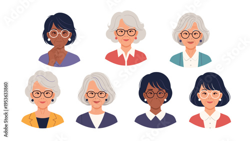 Collection of diverse senior women avatars featuring different skin tones hair colors and stylish professional clothing with glasses.