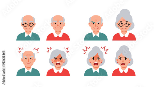 Set of elderly men and women characters expressing various levels of anger frustration and annoyance in a modern flat design style.