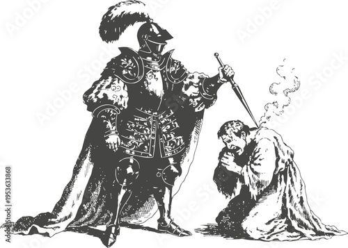 Medieval knight with armor and cape punishing a kneeling prisoner with sword pointing, vintage illustration