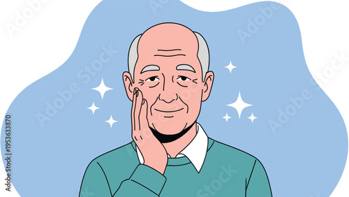 Satisfied elderly man touching his smooth cheek with sparkling stars around him indicating success in skin care or health wellness.