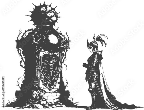 Knight in dark armor facing ominous thorn covered altar with spiked orb and shield