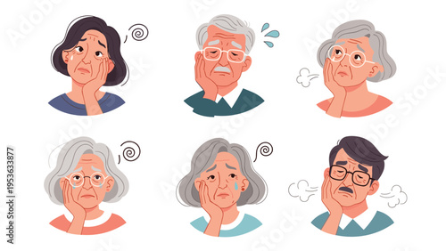 Portraits of senior men and women showing expressions of worry sadness fatigue and anxiety in a clean flat illustration style.