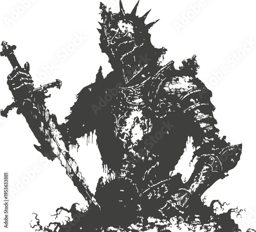 Dark fantasy knight in tattered armor wielding sword surrounded by smoke or mist silhouette