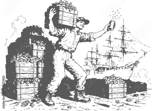 Laborer carrying crates of harvested grapes near a ship, vintage agricultural and maritime scene