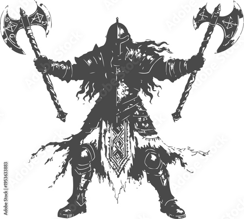 viking warrior with double axes in battle ready stance silhouette detailed armor and flowing cape