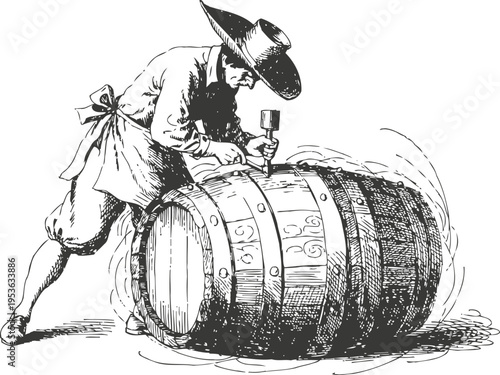 Artisan cooper shaping wooden barrel with specialized tools in traditional craftsmanship process