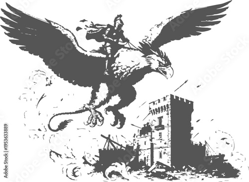 Medieval knight riding giant eagle above castle ruins in fantasy battle scene