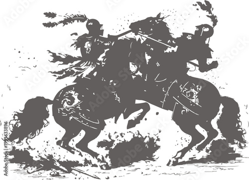 Medieval knights jousting on horseback with lances in intense battle silhouette