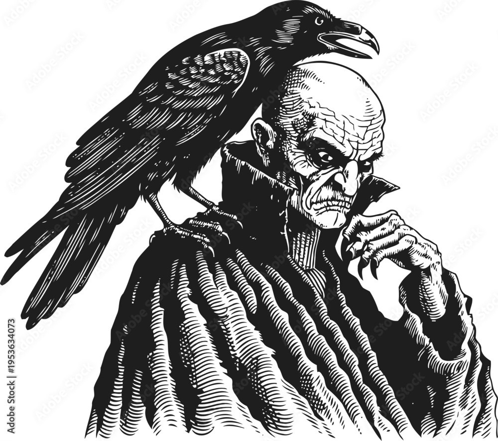 Obraz premium grim old man with raven on shoulder mysterious dark character in cloak with sinister expression