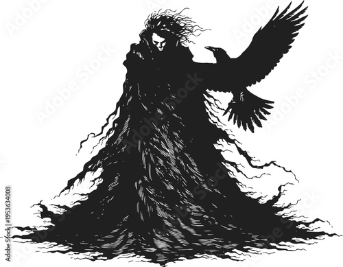 Mysterious dark figure with flowing cloak and raven on arm, gothic fantasy illustration