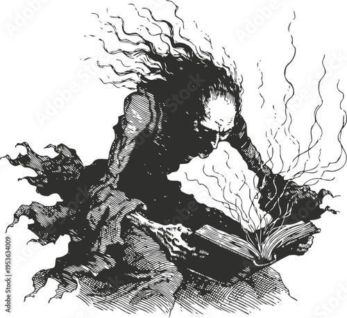 Dark sorcerer casting a powerful spell with an ancient magical book emitting mystical energy