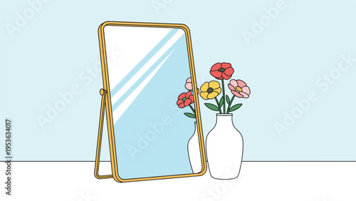 Full length floor mirror stands next to a white vase filled with colorful flowers against a light blue wall, minimalist vector art.