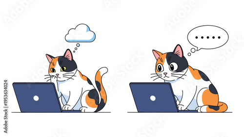 Two calico cats interact with their laptops where one has a cloud thought bubble and the other a speech bubble with dots, vector art.