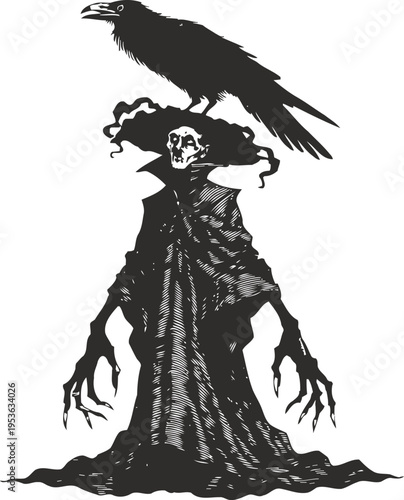 Dark gothic skeleton figure in tattered cloak with crow perched on wide brimmed hat illustration