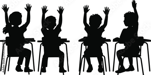 Silhouette of elementary school students sitting at desks with hands raised up in a bright classroom, education and learning concept