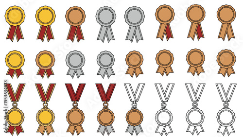 Large set of assorted prize ribbons and medals in gold silver and bronze styles with different shapes and designs, vector illustration.