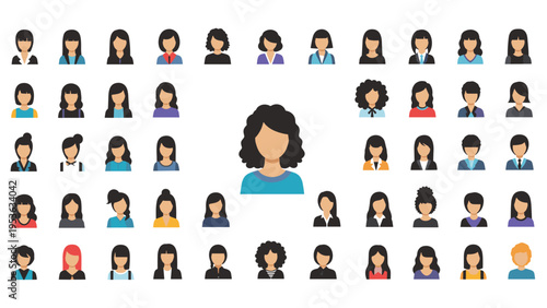 Diverse collection of female avatars with various hairstyles and clothing styles surrounding a larger central woman figure, vector art.