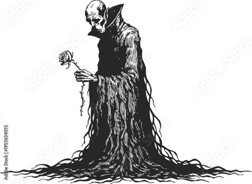 Dark vampire holding a rose with long tattered cloak and eerie gothic design