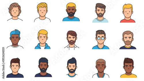 Collection of fifteen diverse male avatars featuring various hairstyles facial hair and skin tones in a flat vector style, digital art.