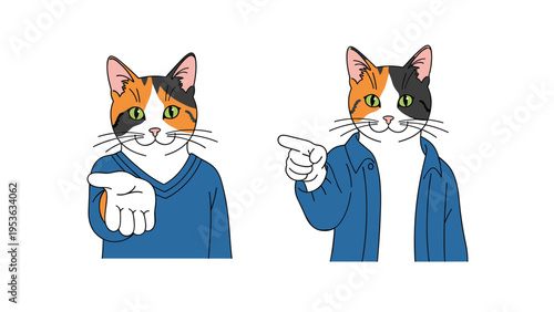 Humanized calico cat wearing a blue shirt appears in two poses reaching out with one paw and pointing with another, vector illustration.