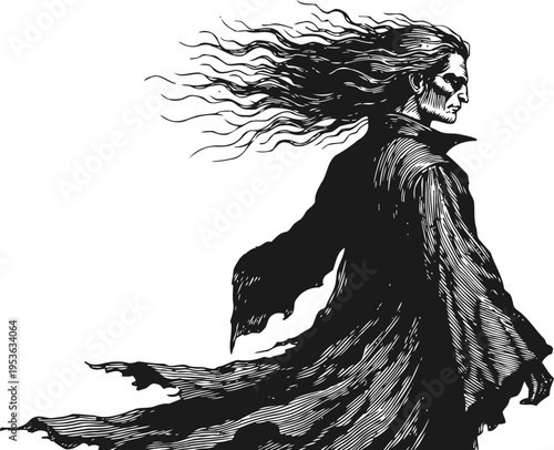 dark gothic figure with flowing hair and tattered cloak in dramatic pose, eerie skeleton face
