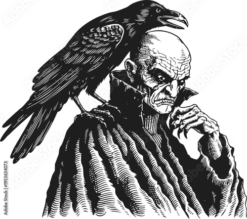 grim old man with raven on shoulder mysterious dark character in cloak with sinister expression
