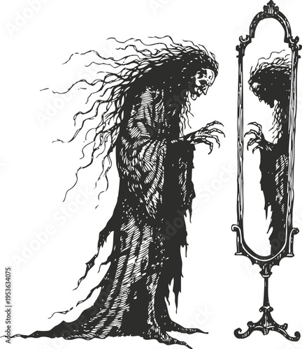 grim ghostly figure with long flowing hair facing an ornate full length mirror reflection