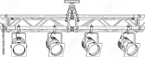 Stage lighting rig illustration, professional spotlights on truss system, concert and theater equipment design, studio lighting setup, detailed vector line art
