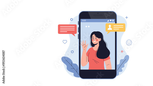 Young woman waves from a smartphone screen during a video call featuring chat bubbles and social media icons, vector art illustration.