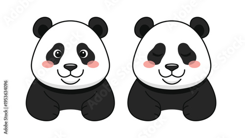 Two adorable giant panda bears sit side by side where one has its eyes open and the other has its eyes peacefully closed, vector art.