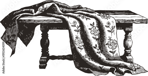 Decorative floral embroidered table runner draped over rustic wooden bench vintage textile and furniture design