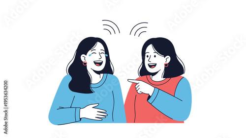 Two young women share a joyful moment where one laughs with tears and the other points and smiles happily, vector art illustration.
